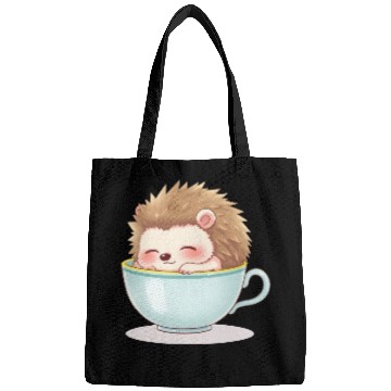 Discover Cute hedgehog relaxing in a light blue cup Bags