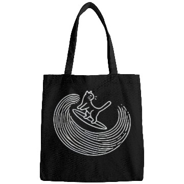 Discover Playful Cat Surfing Wave Neon Design Bags