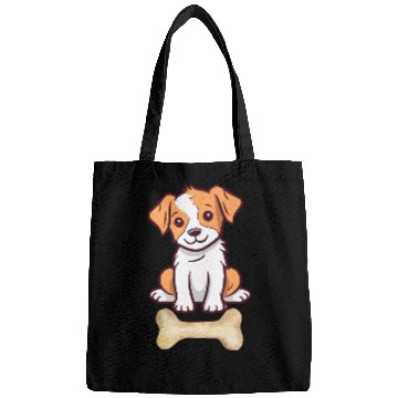 Discover Cute White and brown dog with bone Bags