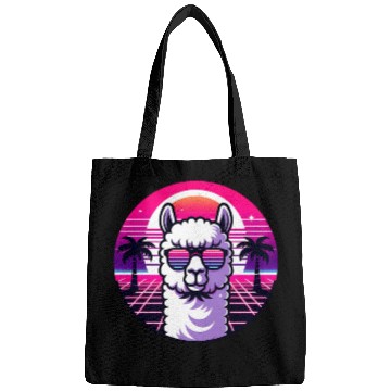 Discover Retro Sunset Llama with Sunglasses in Neon Vibes Bags
