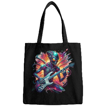 Discover Alien playing guitar with rainbow background Bags