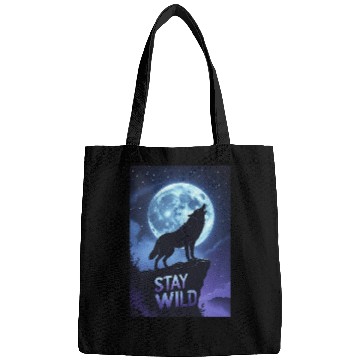 Discover Stay Wild – Majestic Wolf Silhouette Under Moon Bags