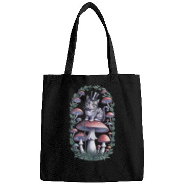 Discover Gentleman cat hatter sitting on mushroom Bags