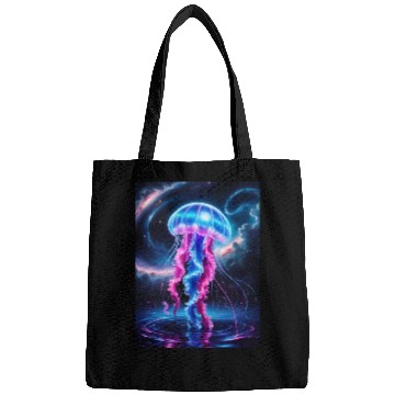Discover A mesmerizing neon jellyfish gracefully floating Bags