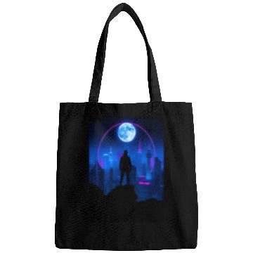 Discover Neon Futuristic Skyline with Glowing Moon Bags