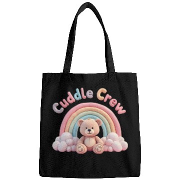 Discover Soft teddy bear sitting under a rainbow Bags