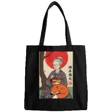 Discover Older japanese mom sippin tea sitting with red fox Bags