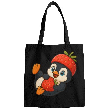 Discover Cute penguin with fruity strawberry hat cartoon Bags