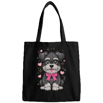 Discover Cute Schnauzer With Pink Bow Surrounded by Hearts Bags