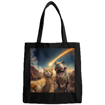 Discover Cat and Dinosaur Meteor Selfie Meme Funny Bags