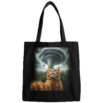 Discover Funny Tornado Cat Selfie Flying Cow Meme Bags