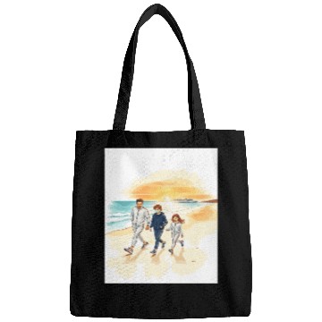 Discover family walking along the beach. Bags