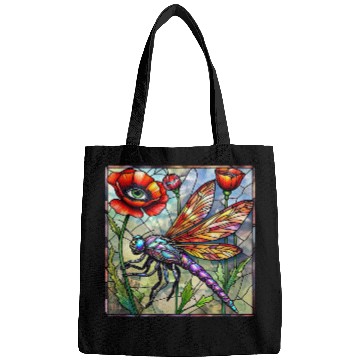 Discover Dragonfly stained glass poppy flower insect eye Bags