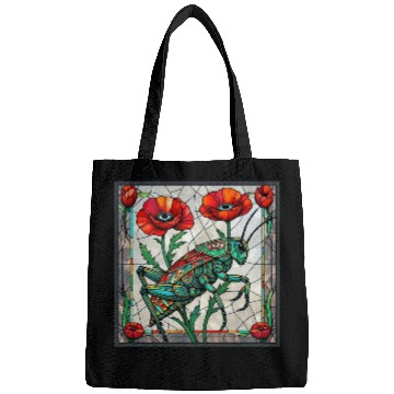 Discover Grasshopper cricket stained glass poppy flower Bags