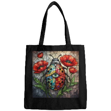 Discover Ladybug stained glass vibrant poppy flower insect Bags