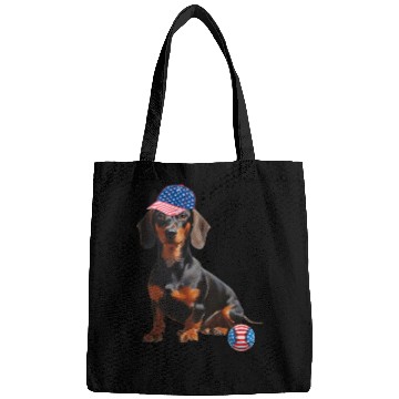 Discover Dachshund dog baseball lover us flag Bags