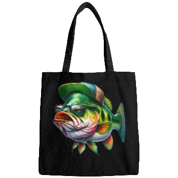 Discover Cool Bass Fish with Green Hat and Glasses Bags