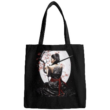 Discover Samurai Serenity: Woman with Sword Under Cherry Bags