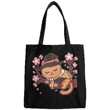 Discover Whimsical Witch Cat in Cherry Blossom Tree Bags