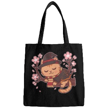 Discover Cute Witch Cat with Cherry Blossoms Bags