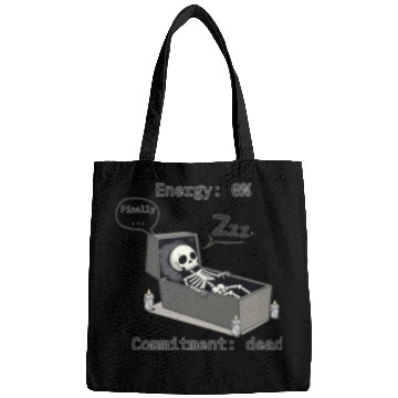 Discover Sleepy Energy 0% – Funny Skeleton Coffin Meme Bags
