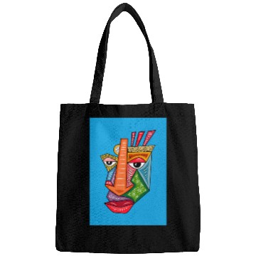 Discover Abstract Geometric Face on Blue Background Bags