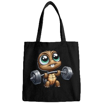 Discover Chibi turtle with barbell weightlifter cartoon Bags