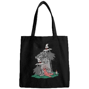 Discover Spooky Witch and Doll Halloween Illustration Bags