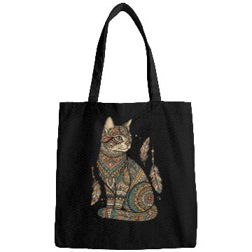 Discover Boho Mandala Cat – Tribal Patterned Feline Art Bags