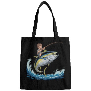 Discover Joyful young boy rides massive jumping tuna Bags