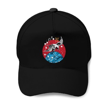 Discover Two Asian Koi Fish on Waves Mountain Baseball Caps