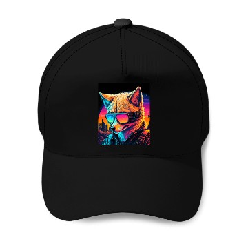 Discover Retro Futuristic Synthwave Fox Baseball Caps