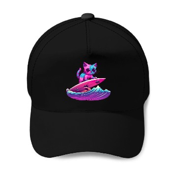 Discover Synthwave Surfing Cat Baseball Caps