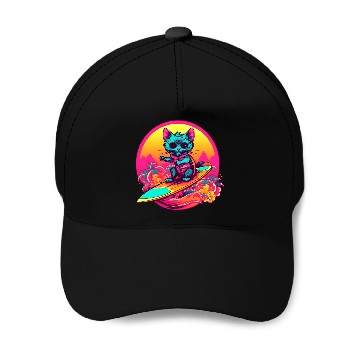 Discover Cool Retro Surfing Cat Baseball Caps
