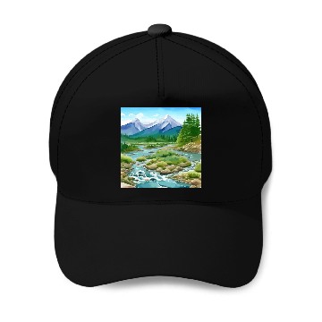 Discover Watercolor Mountain River Baseball Caps