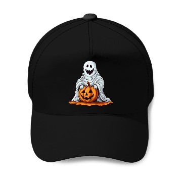 Discover Funny Halloween Pumpkin With Cute Ghost Baseball Caps