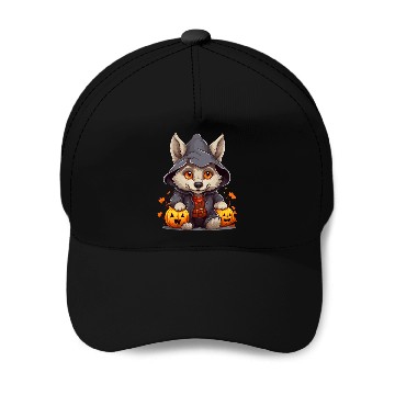 Discover Cute Little Halloween Wolf With Pumpkin Lanterns Baseball Caps