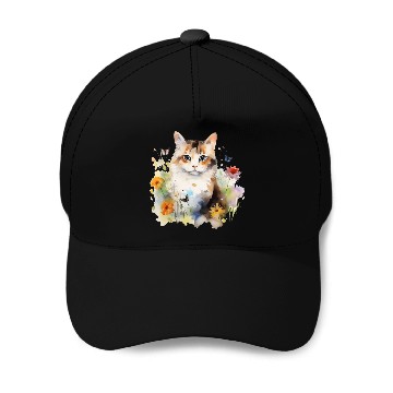 Discover Watercolor Cat Flowers & Butterflies Baseball Caps