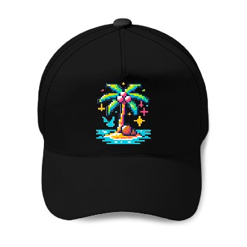 Discover Digital Beach Getaway: Pixel Palm Paradise Baseball Caps