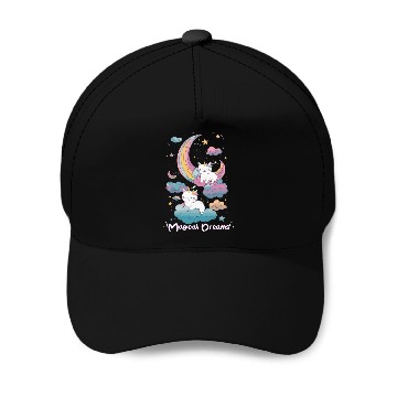 Discover Magical Dreams Sleeping Cat Unicorns Pastel Clouds Baseball Caps