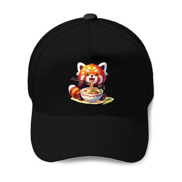 Discover Cute Red Panda Eats Ramen Noodles Red Panda Baseball Caps