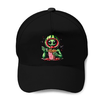 Discover Alien with watermelon helmet eats fries Baseball Caps