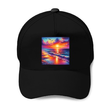 Discover Sunset Serenity: Pastel Beachscape Baseball Caps