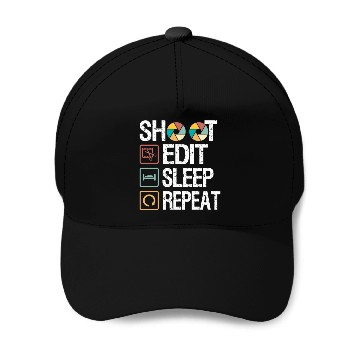 Discover Funny Shoot Edit Sleep Repeat Photography Camera Baseball Caps