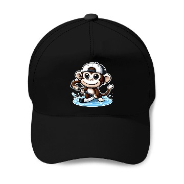 Discover Funny Monkey Playing Hockey Ice Baseball Caps