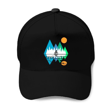 Discover GEOMETRIC MOUNTAIN WITH MOUNTAIN BIKER Baseball Caps