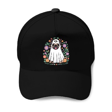 Discover Halloween Pug Ghost Surrounded by Flowers Baseball Caps