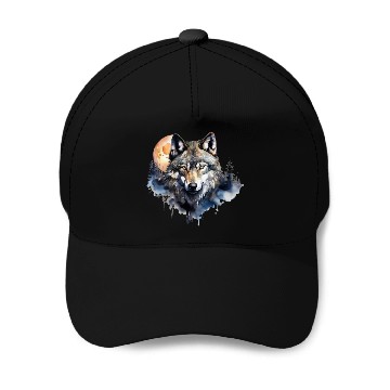 Discover Wolf Portrait Under Full Moon Design Baseball Caps