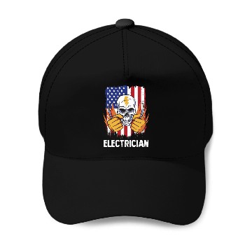 Discover Electrician Skull with American Flag Background Baseball Caps