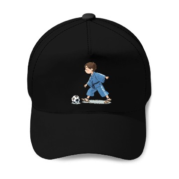 Discover Boy in kimono playing soccer Baseball Caps